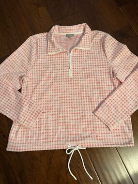 Talbots Pink and White Check Half-Zip Drawstring Pullover